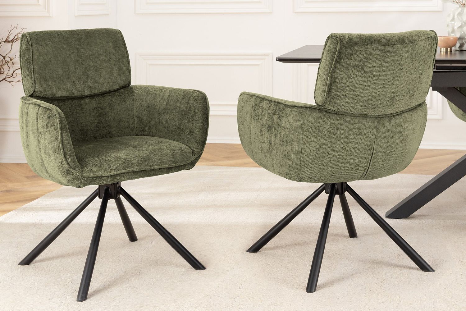 Fauteuil pivotant UNIQUE 180° avec accoudoirs, tissu chenille vert et pieds noirs - 46320