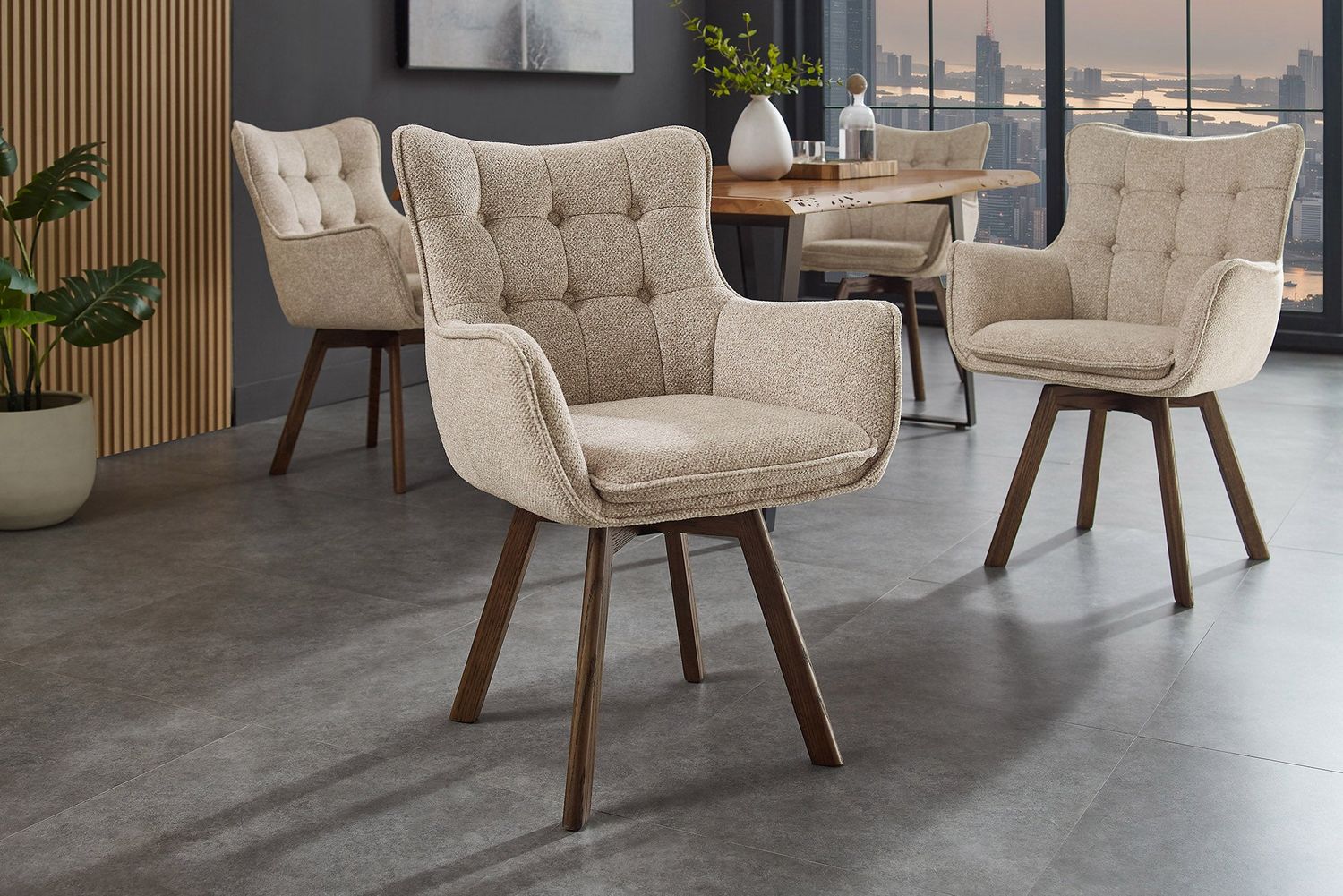 Fauteuil pivotant THOR 360° avec accoudoirs, revêtement en tissu texturé beige clair et structure en chêne foncé naturel - 47710