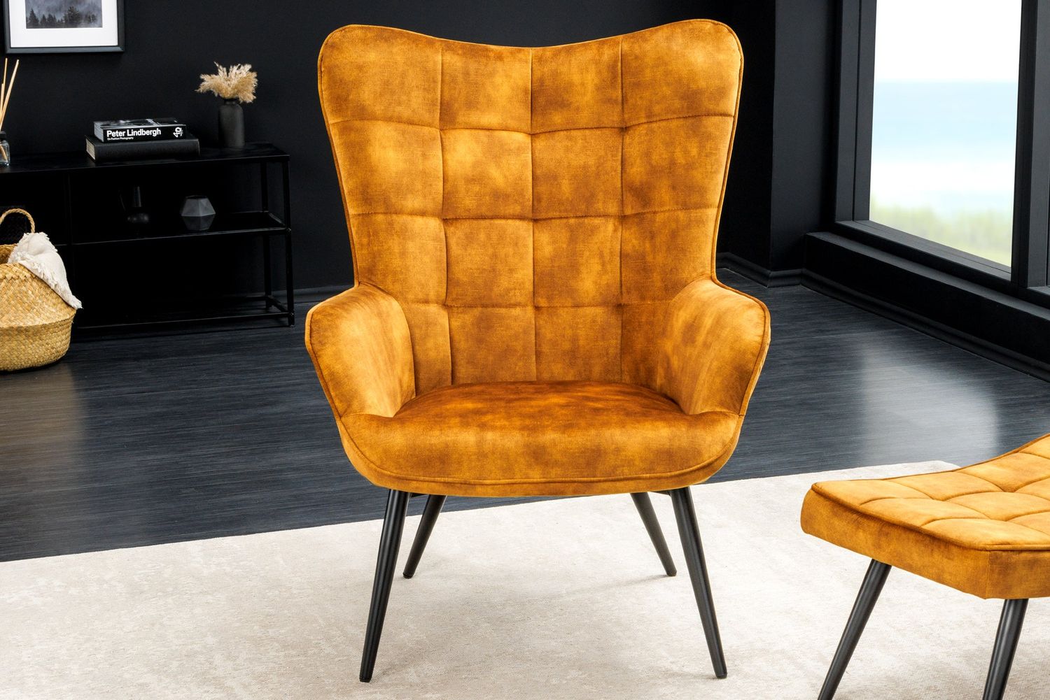 Fauteuil SCANDINAVIA avec accoudoirs en velours jaune moutarde - 44019
