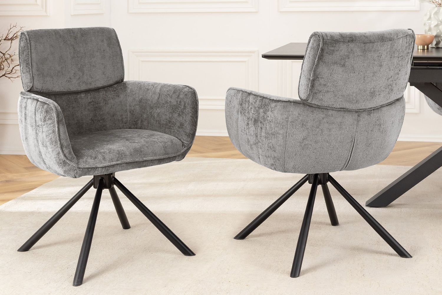 Fauteuil pivotant UNIQUE 180° avec accoudoirs, revêtement en chenille gris et pieds noirs - 46321