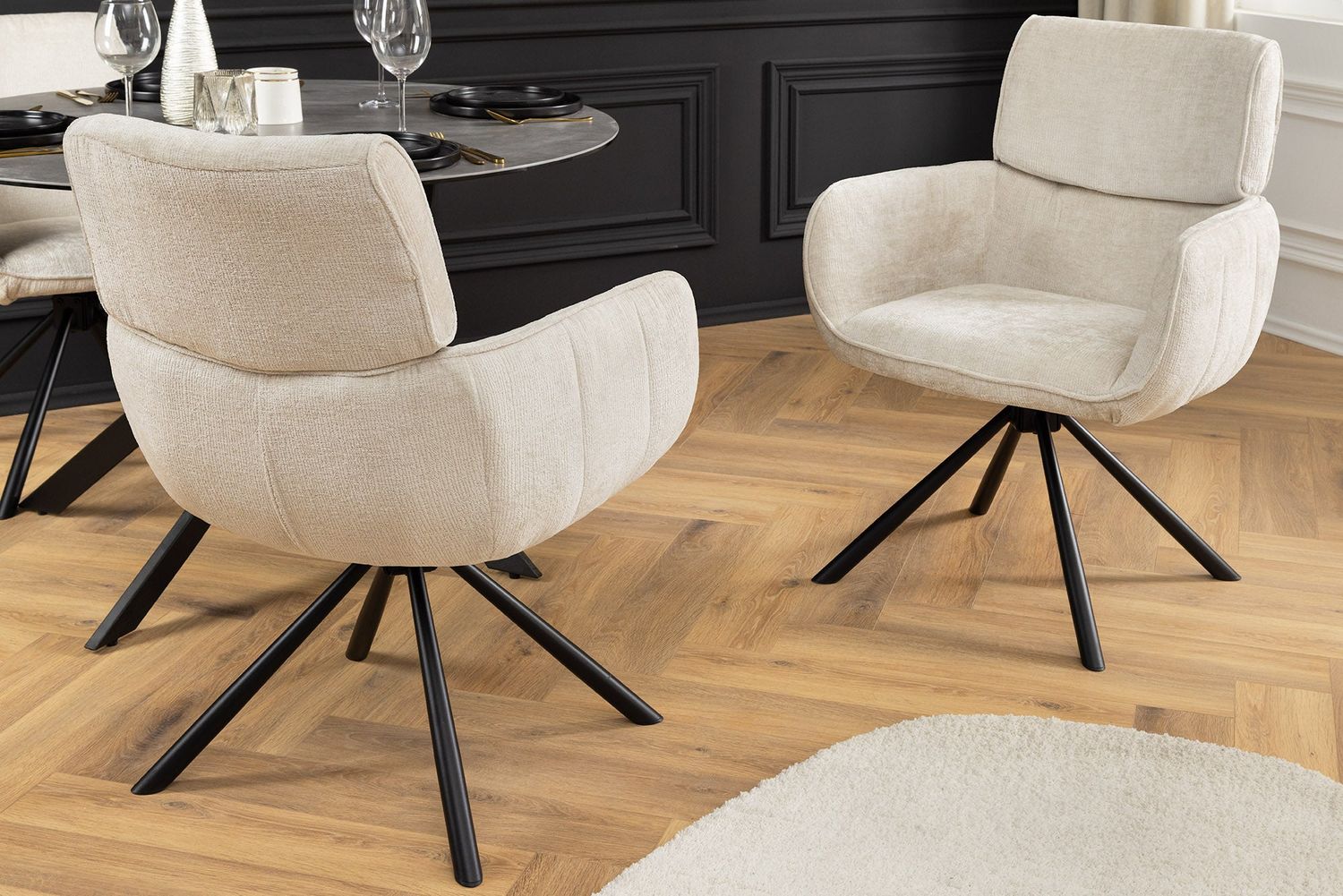 Fauteuil pivotant UNIQUE 180° avec accoudoirs, tissu chenille beige champagne et pieds noirs - 46322