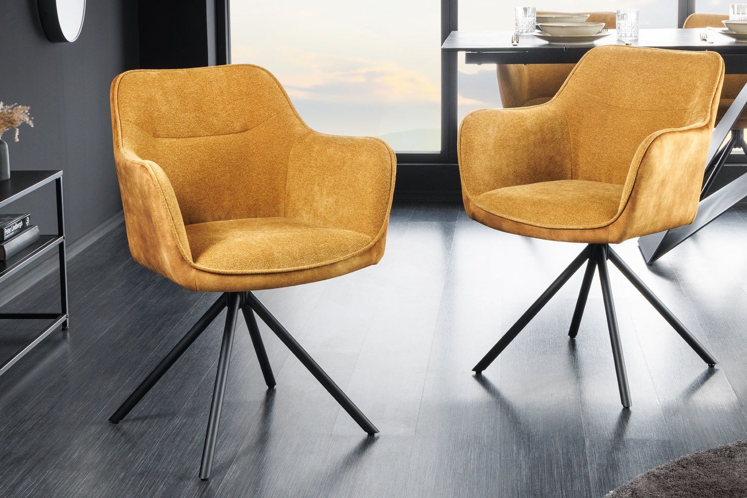Fauteuil pivotant VERONA en tissu texturé et velours jaune moutarde - 44157