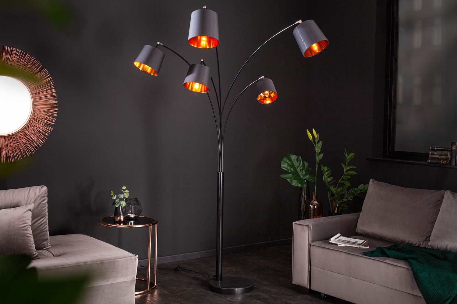 Lampadaire LEVELS 202cm 5 abat-jour en lin noir et or - 40036