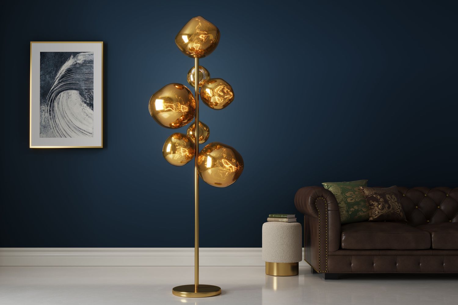 Lampadaire LIQUID DIAMOND 170 cm, 7 abat-jour en verre, structure en acier doré - 46022