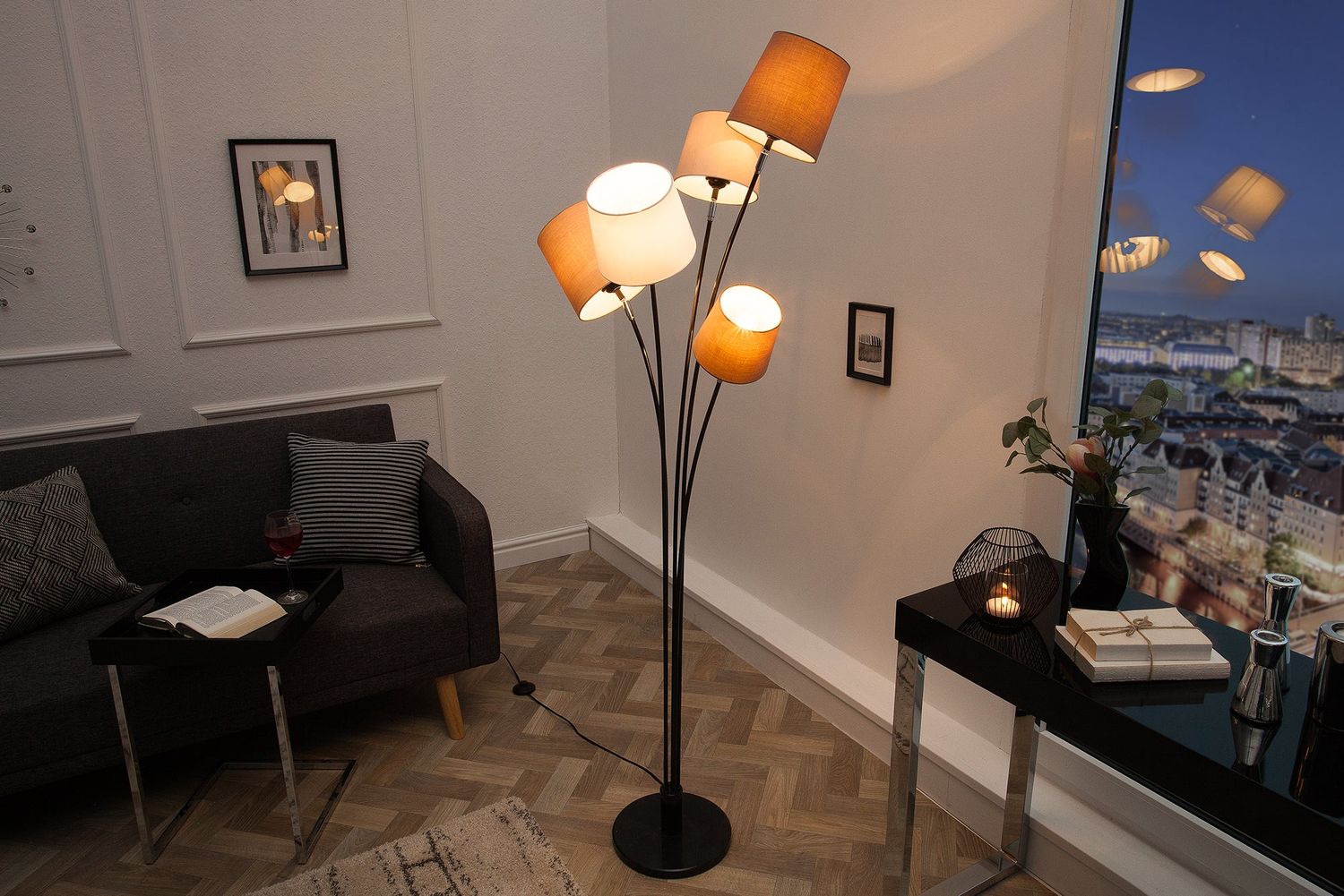 Lampadaire LEVELS 176 cm, 5 abat-jour en lin blanc beige marron - 39059