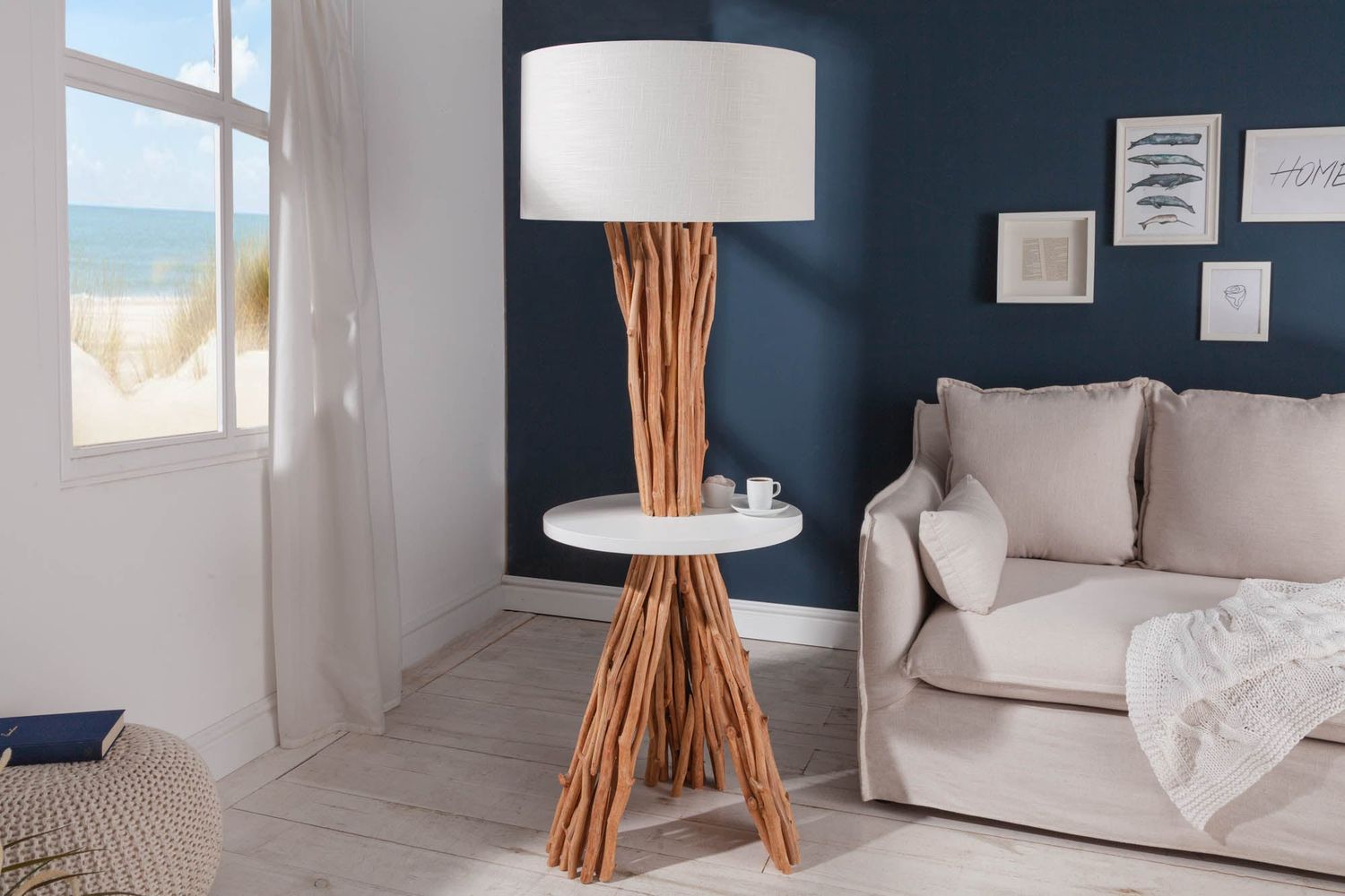 Lampadaire SERVANT 155 cm, bois de longan, abat-jour en lin blanc - 40400