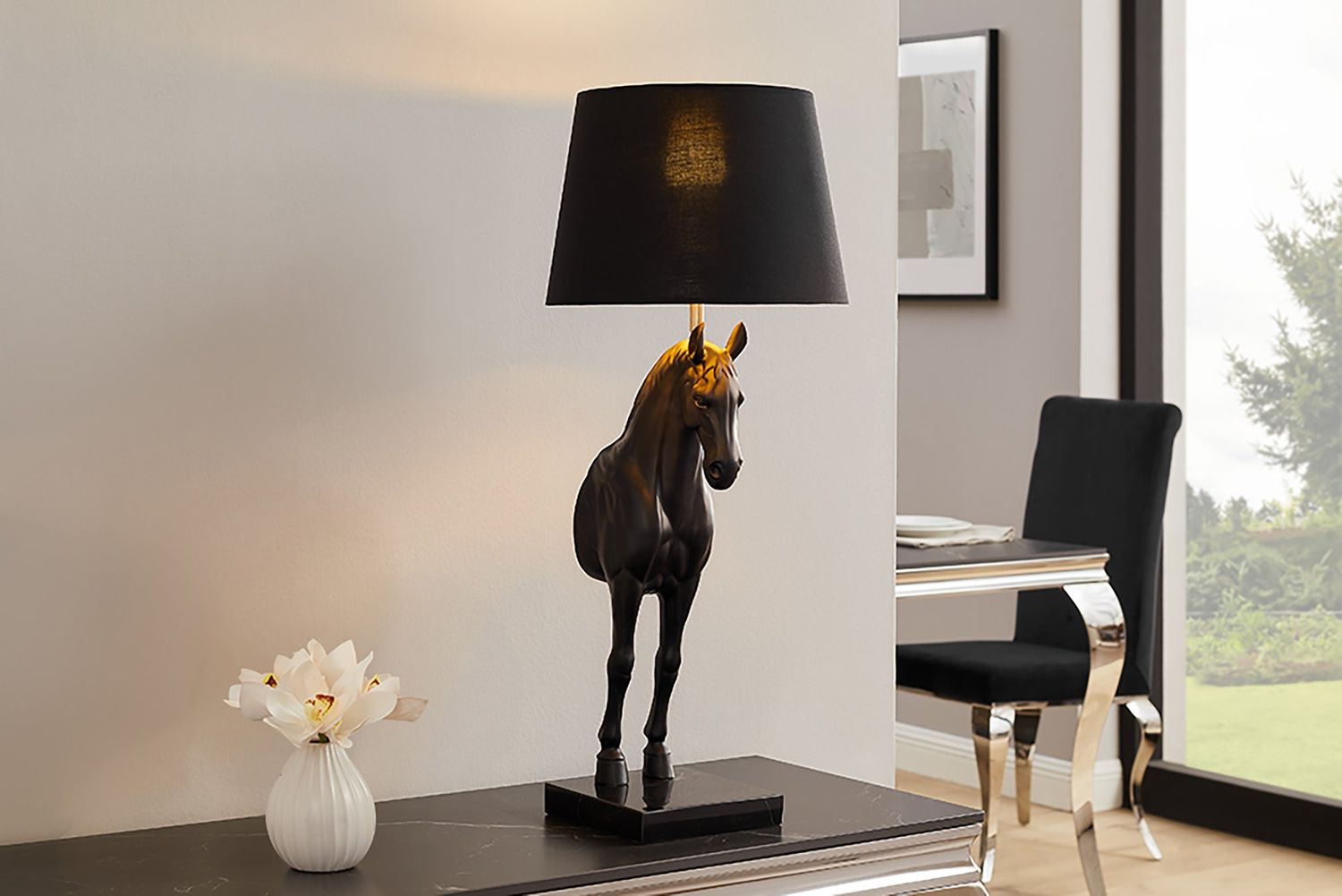 Lampe de table BLACK BEAUTY 75 cm sculpture de cheval noir et or - 45665