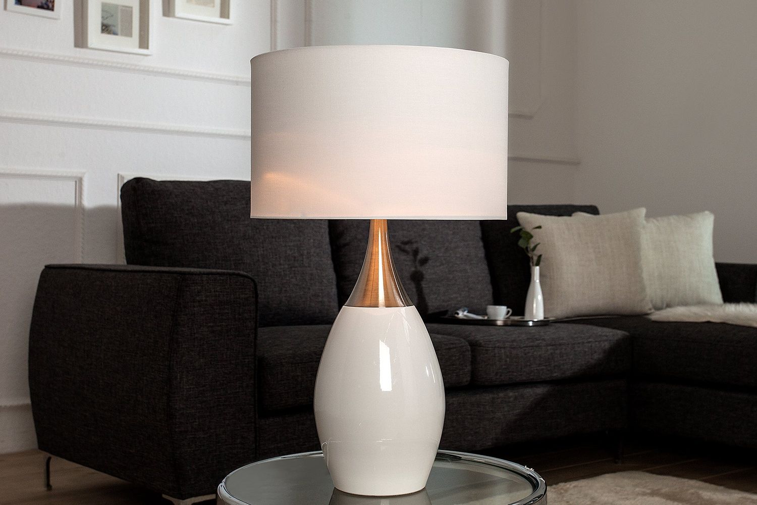 Lampe de table CARLA 60 cm abat-jour en lin blanc - 37006
