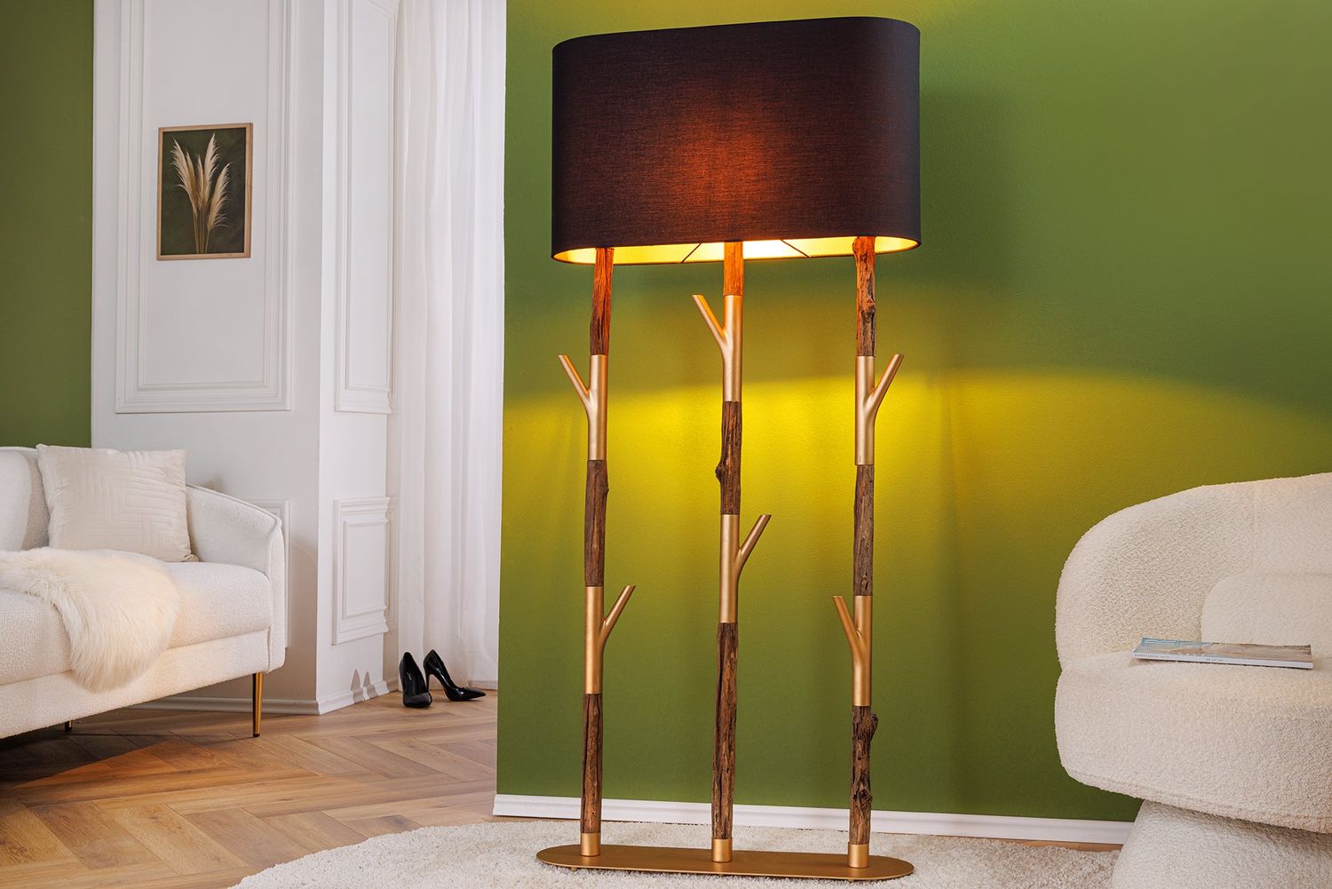 Lampadaire WARDROBE 150 cm, structure robuste, or naturel, abat-jour noir et or - 45897