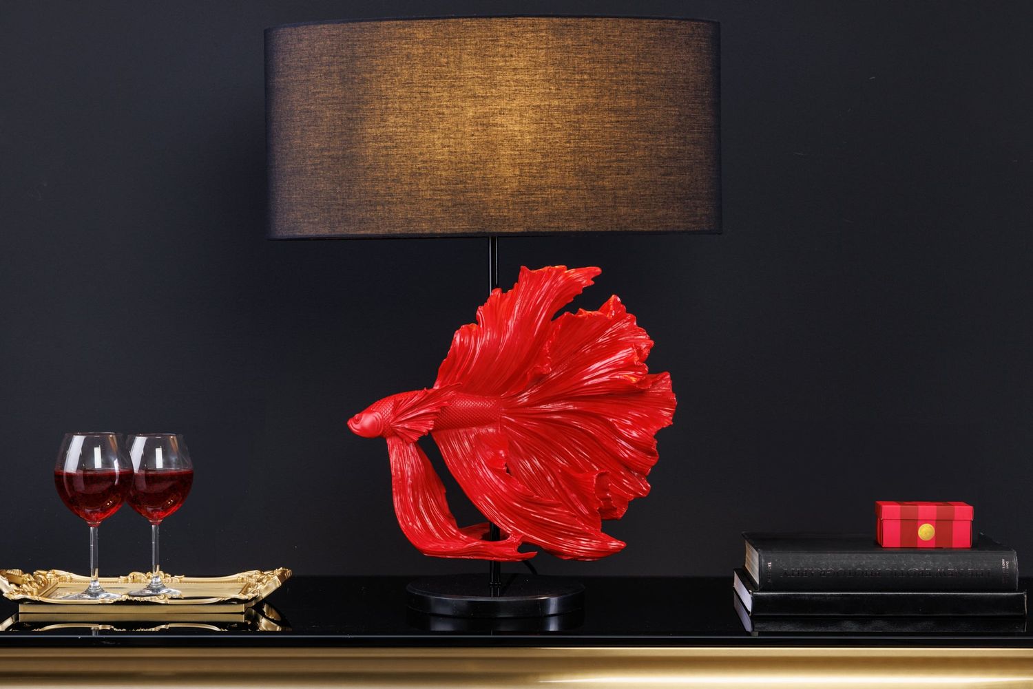 Lampe de table CROWNTAIL 65 cm, abat-jour rouge en polyrésine, noir - 43171