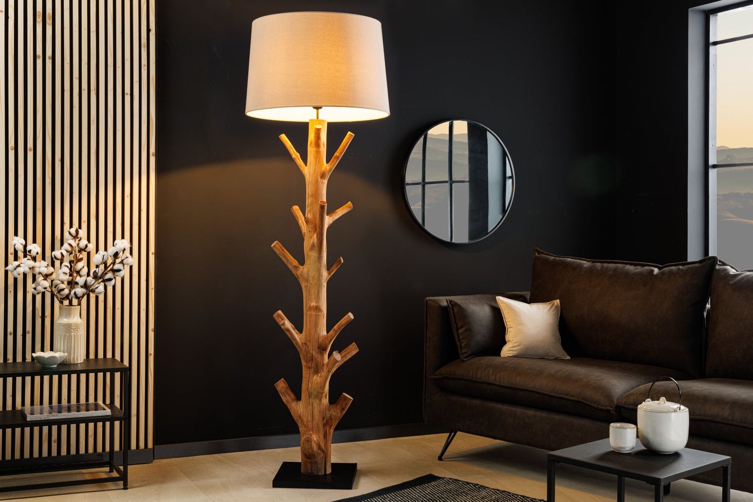 Lampadaire TREE NATURE 175 cm, abat-jour en lin et bois de mangoustan - 43323