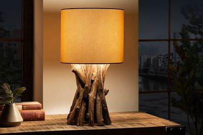 Lampe de table HARMONY NATURE 50 cm en bois de teck, abat-jour en lin beige - 41385