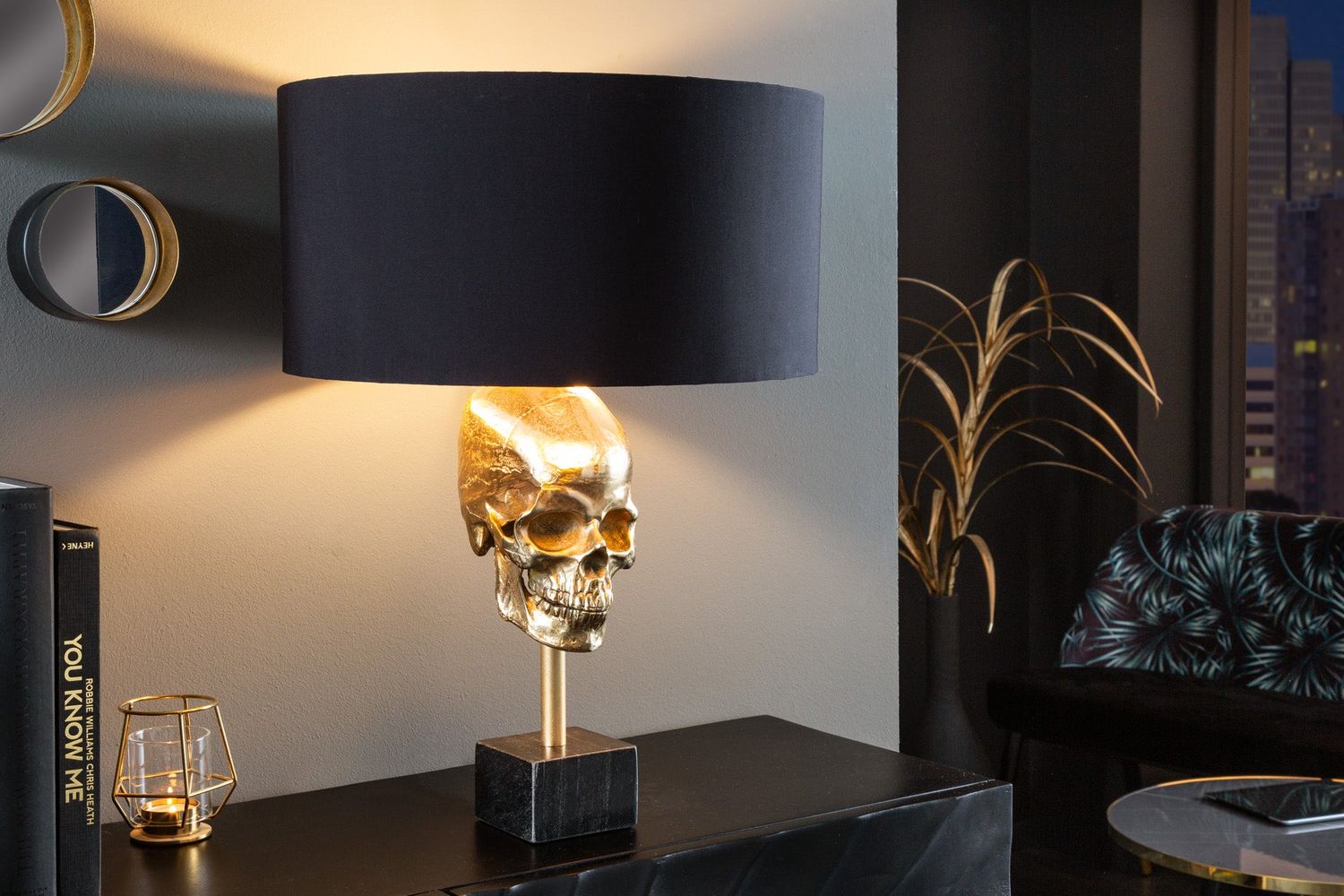 Lampe de table SKULL 56 cm, abat-jour en coton doré et noir - 41529