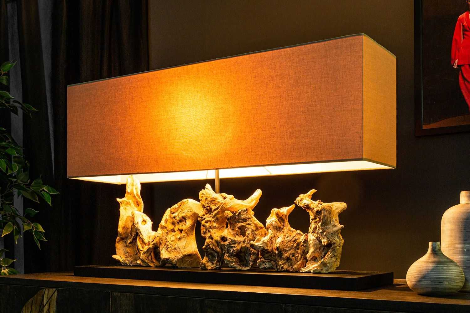 Lampe de table PURE UNIQUE 80 cm, abat-jour en lin beige effet bois flotté - 39625