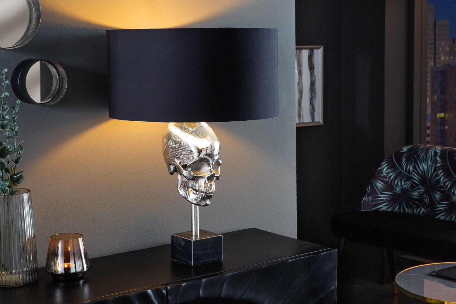 Lampe de table SKULL 56 cm, abat-jour en coton argenté et noir - 41528