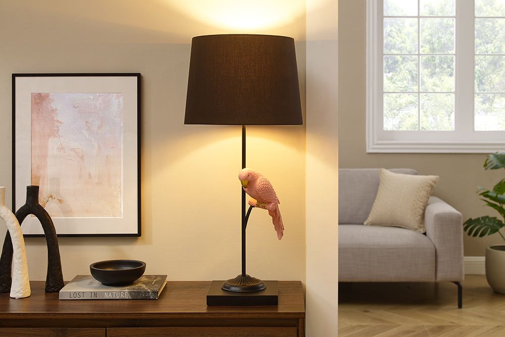Lampe de table WILDLIFE 75 cm perroquet noir, or et rose - 44815