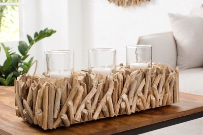 Lanterne FOSSIL 50cm en bois flotté avec 3 verres - 38246