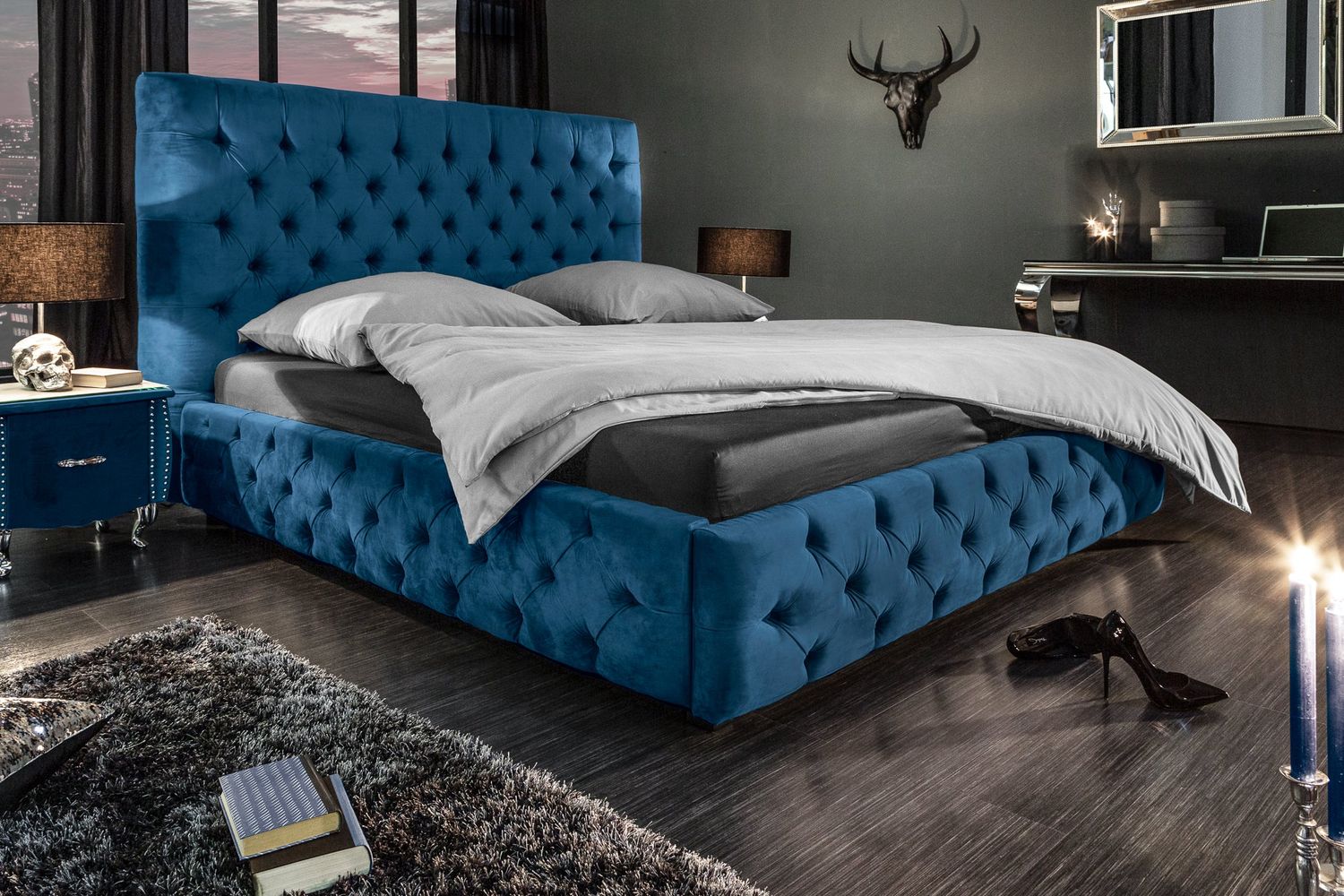 Lit PARIS CHESTERFIELD 160x200cm velours bleu foncé - 40557