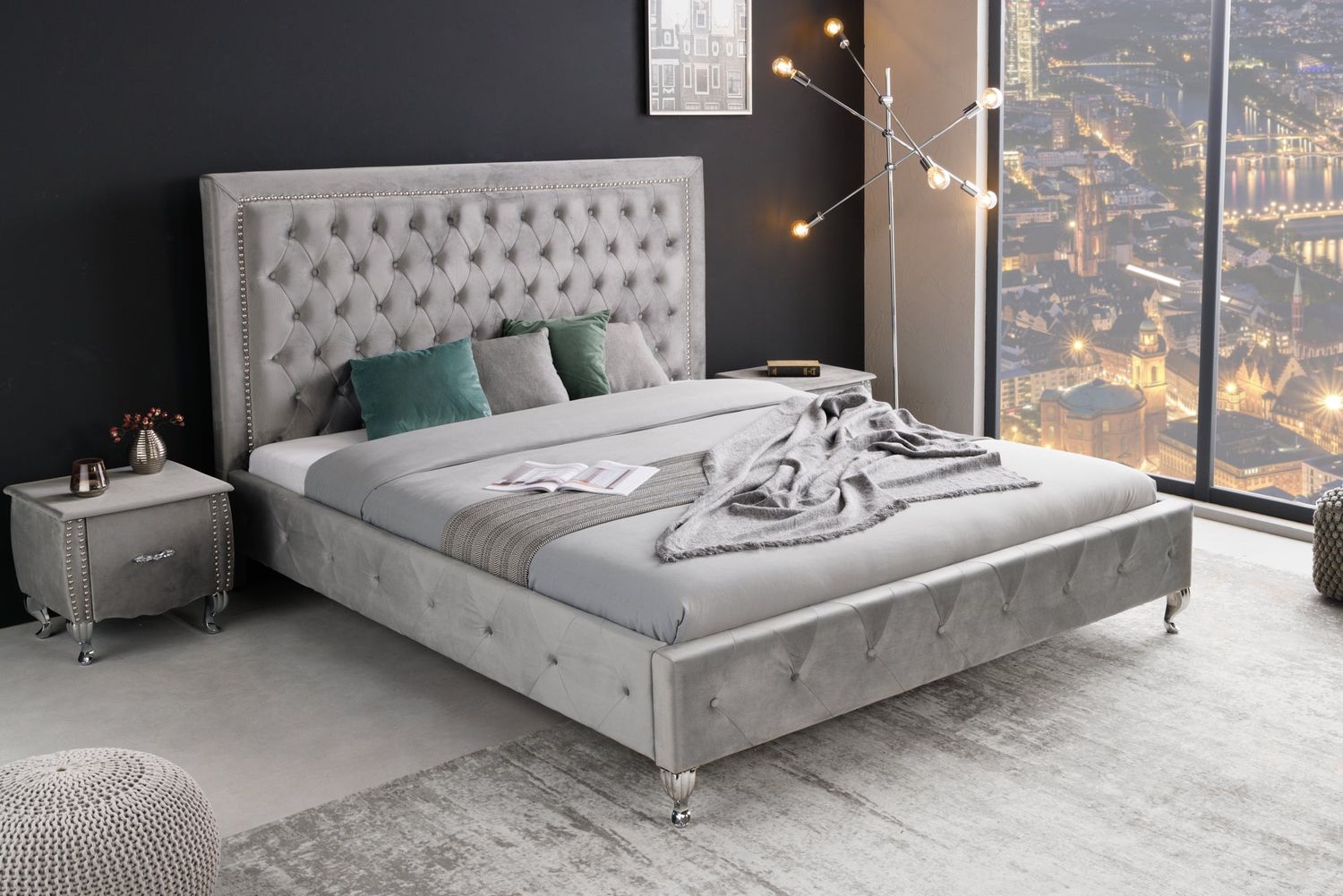 Lit EXTRAVAGANCIA CHESTERFIELD 180x200cm velours gris argenté - 38968