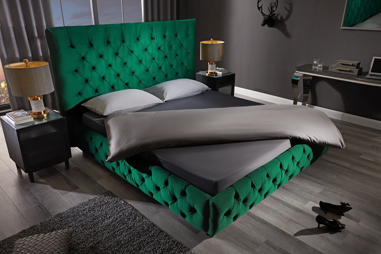 Lit PARIS CHESTERFIELD 180x200cm velours vert foncé - 41336
