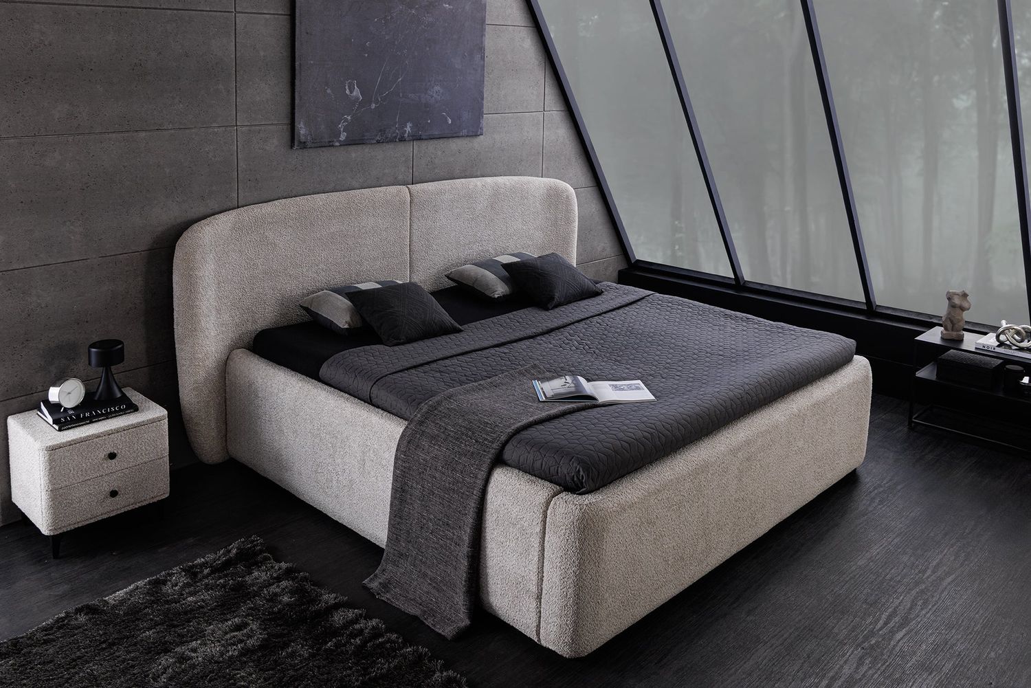 Lit ART DECO 180x200cm bouclé grège avec rangements - 45332