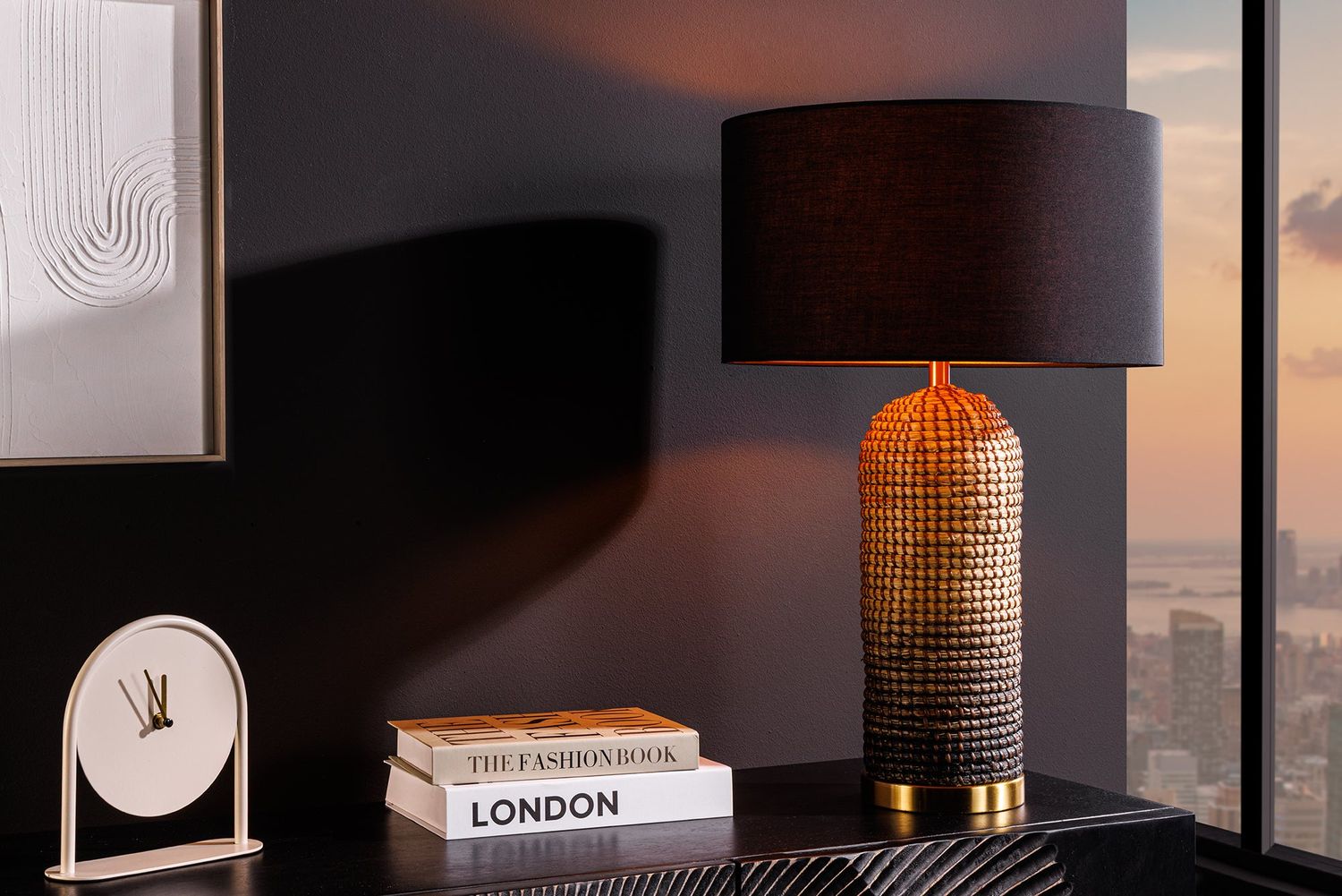 Lampe de table ZEA 60 cm dégradé jonc de mer brun naturel doré avec abat-jour en lin brut noir - 46651