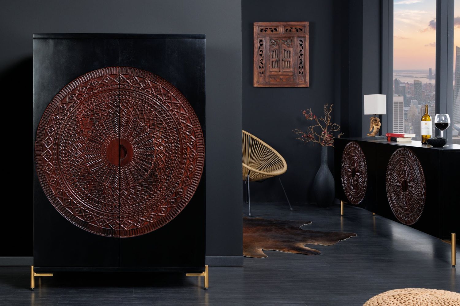 Meuble bar MANDALA 140cm marron mangue noir - 41106