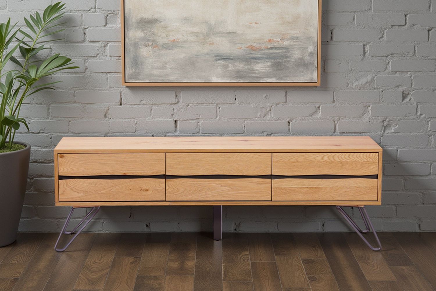 Meuble TV bas LIVING EDGE 160 cm en chêne avec pieds noirs - 46342