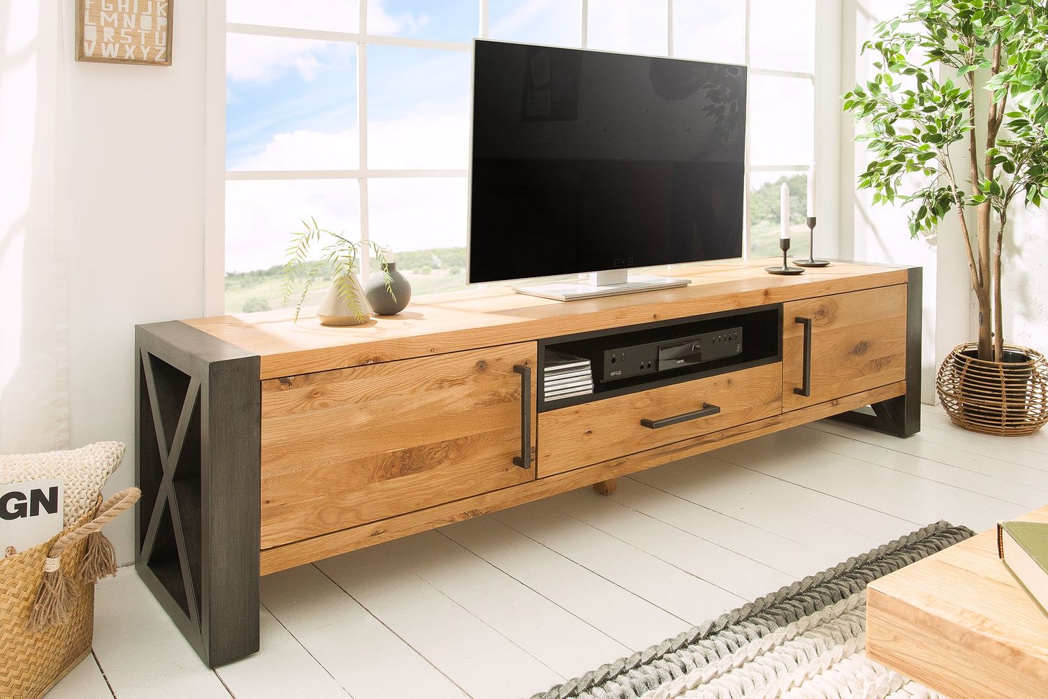 Meuble TV THOR 200cm en bois de chêne sauvage style industriel - 38810