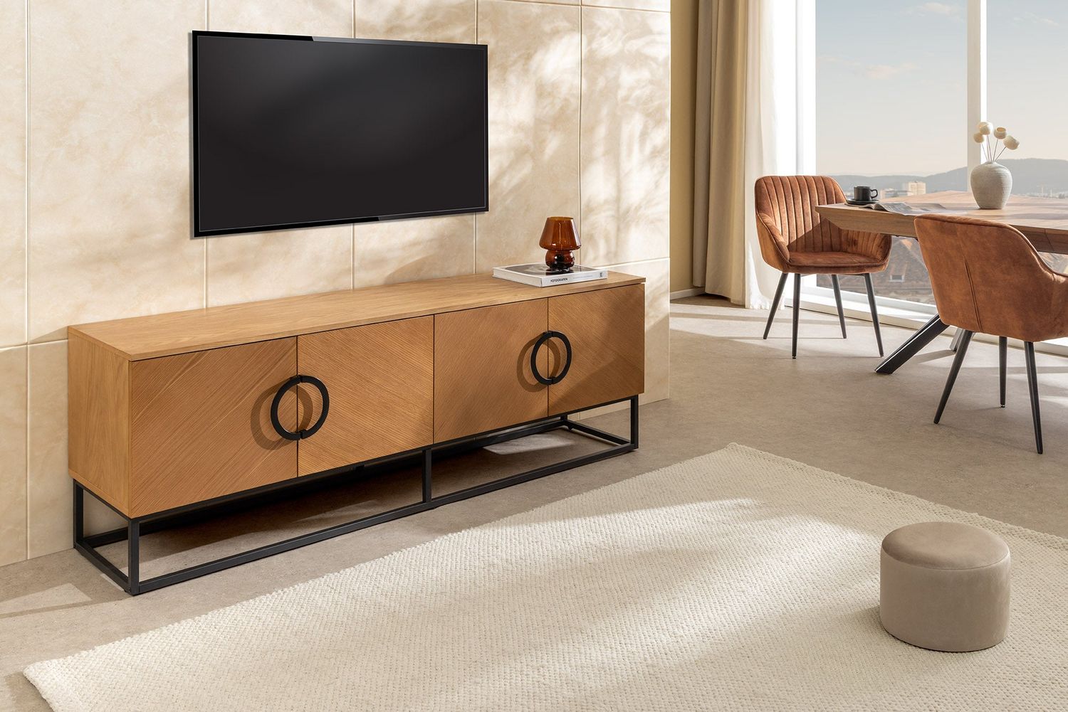 Meuble TV bas GRANDEZZA 180 cm aspect chêne avec structure en métal noir - 46699