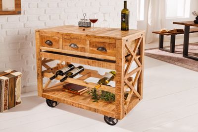 Meuble bar BODEGA 90cm avec roulettes en bois de manguier - 42379