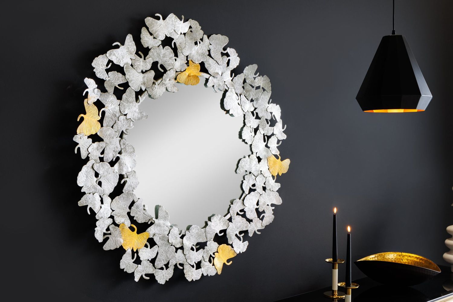 Miroir mural FEUILLES DE GINKGO 95 cm or argent - 42778