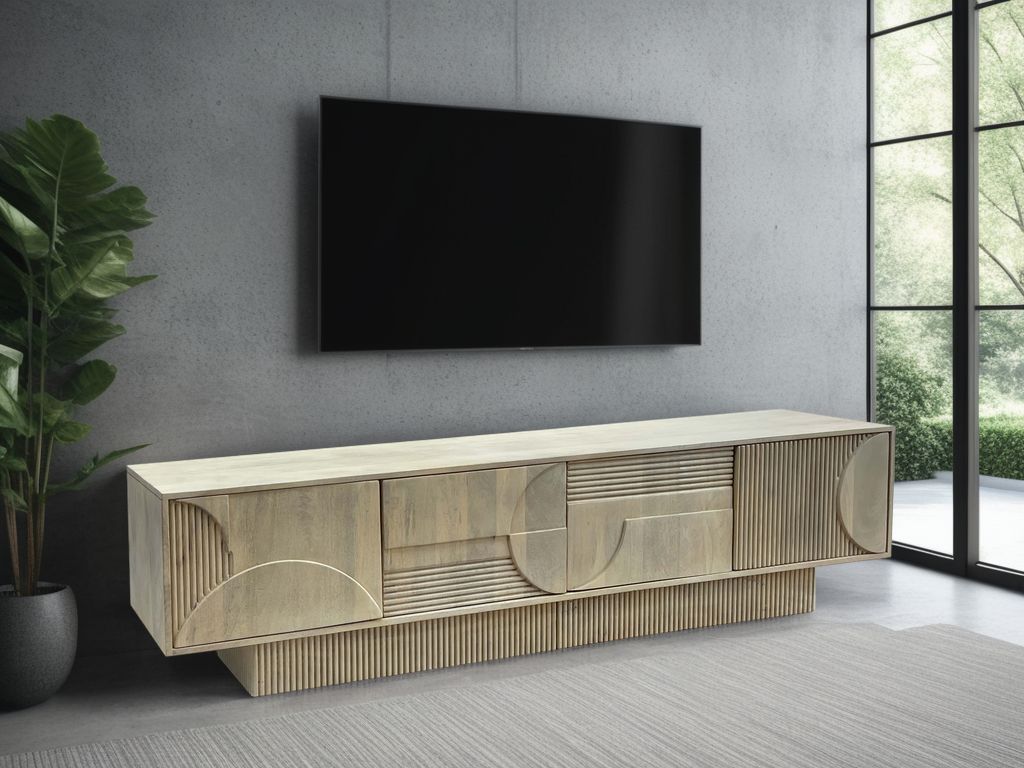 Panneau TV ART DÉCO 200 cm 3D en bois de manguier blanc naturel - 46803