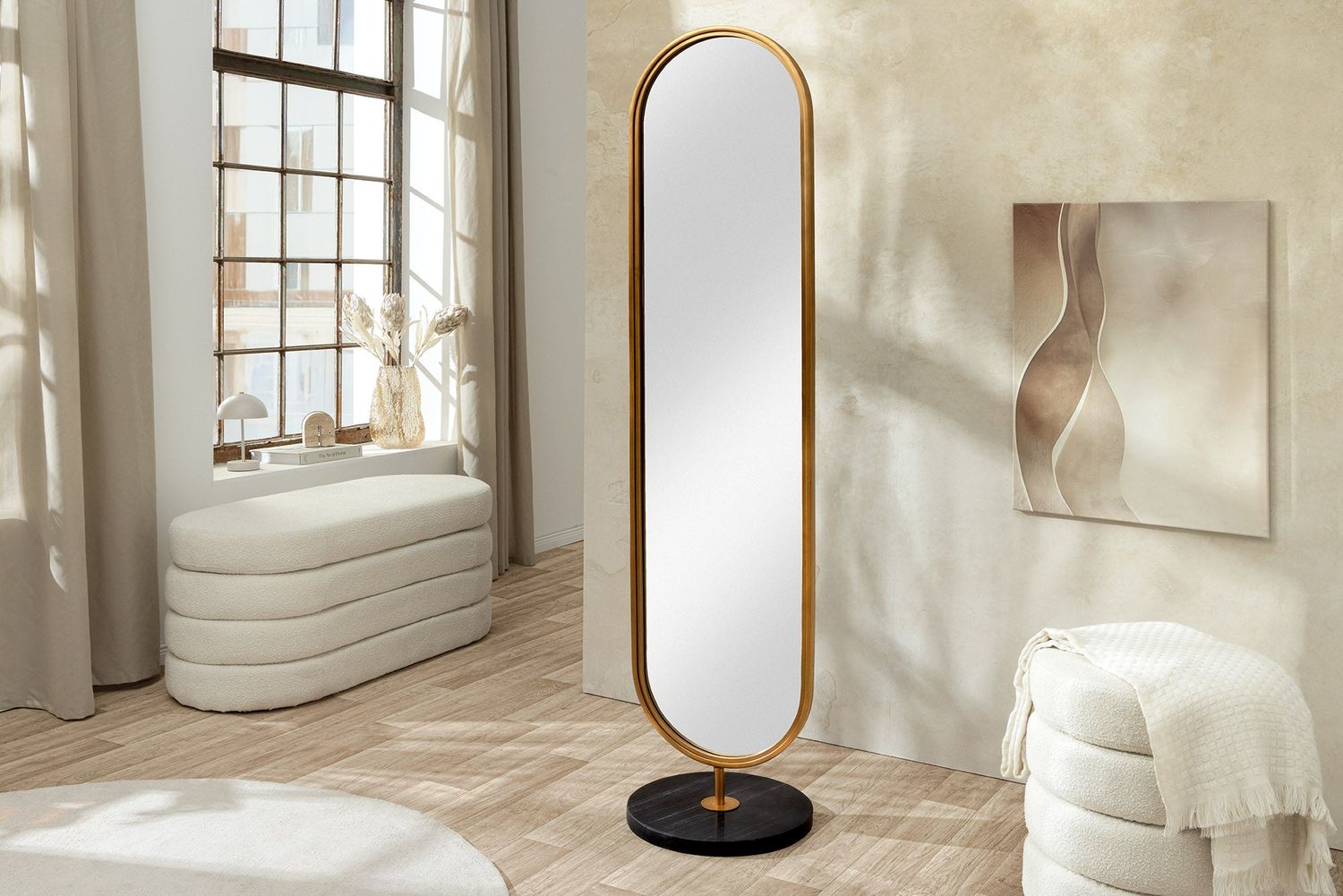 Miroir sur pied PORTRAIT ovale 175 cm doré avec base en marbre noir - 46100
