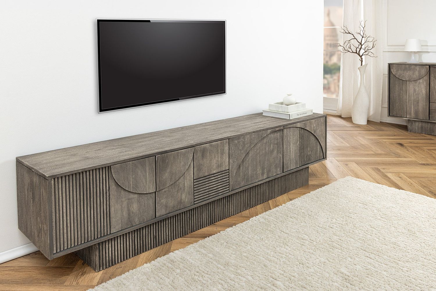 Panneau TV ART DÉCO 200 cm 3D aspect bois de manguier fumé gris - 45481