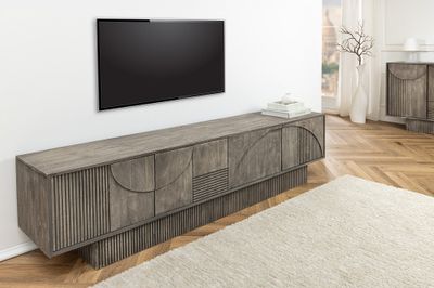 Panneau TV ART DÉCO 200 cm 3D aspect bois de manguier fumé gris - 45481