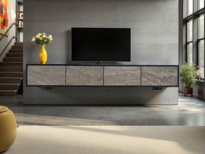 Panneau TV MOUNTAIN SOUL 200cm suspendu en acacia aspect pierre naturelle noir - 46112