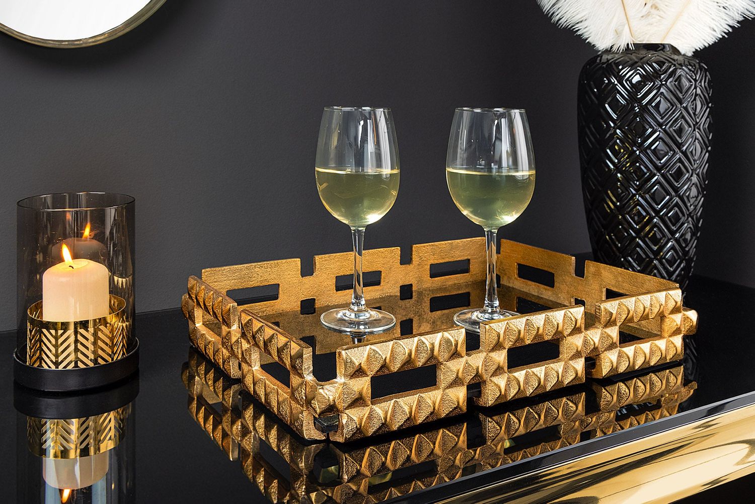 Plateau VARIATION 40cm verre noir aluminium doré - 44880