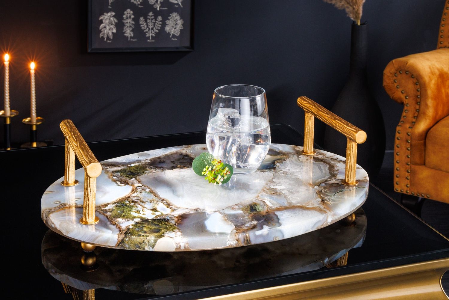 Plateau NOBLE 40 cm, poignées dorées en agate - 41558