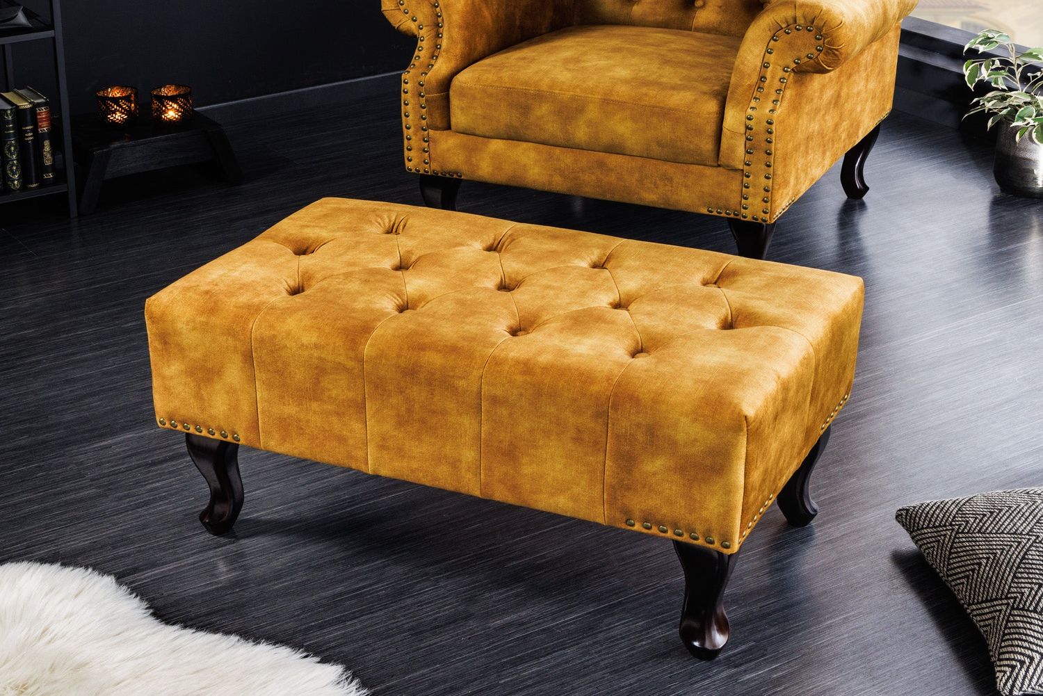 Repose-pieds CHESTERFIELD aspect antique velours jaune moutarde - 41445
