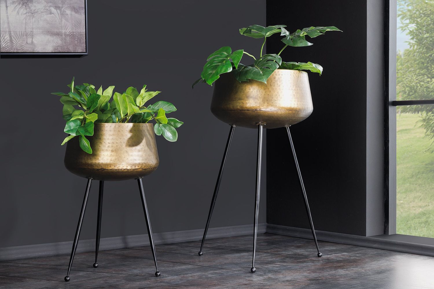 Pot de fleurs FLEURS, lot de 2, cadre noir, laiton effet martelé - 44860