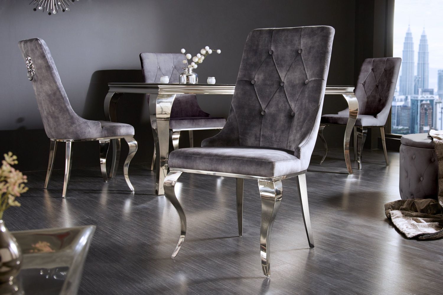 Chaise MODERN BAROCK avec poignée tête de lion, velours gris style baroque - 41507