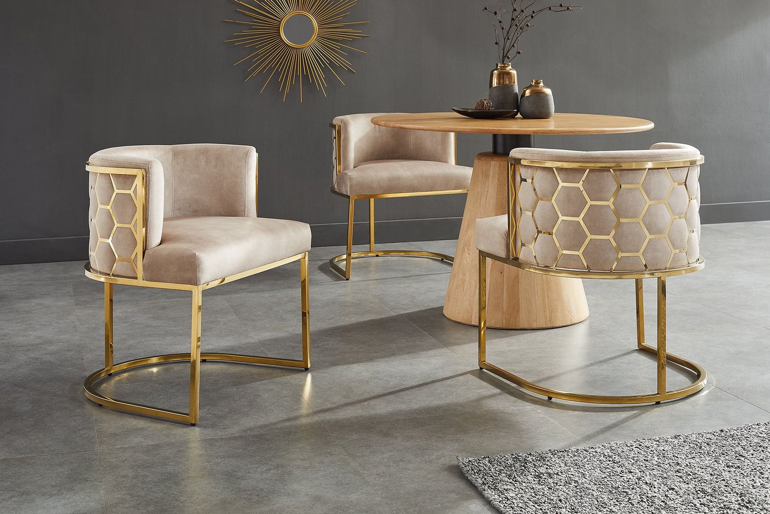 Chaise ELEGANCE en velours beige avec structure en acier inoxydable doré - 47499