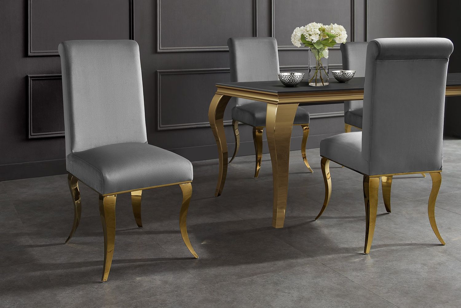 Chaise MODERN BAROCK en velours gris avec pieds en acier inoxydable doré - 47490