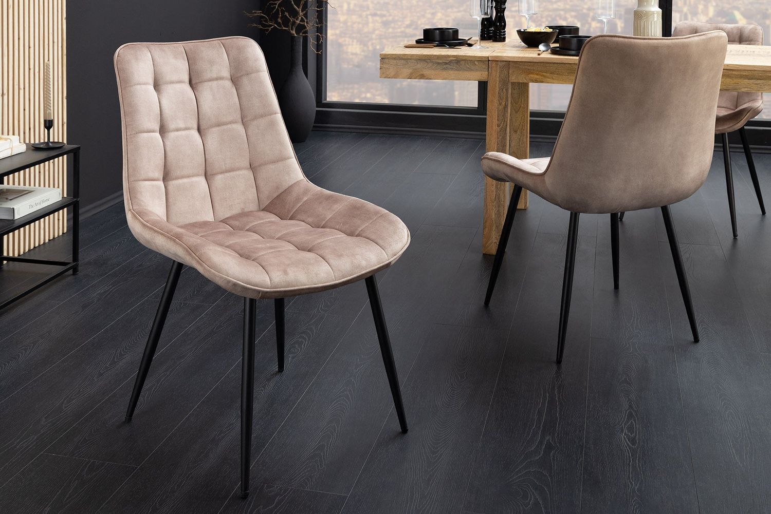 Chaise ROADSTAR en velours champagne gris-beige avec pieds en métal noir - 47484