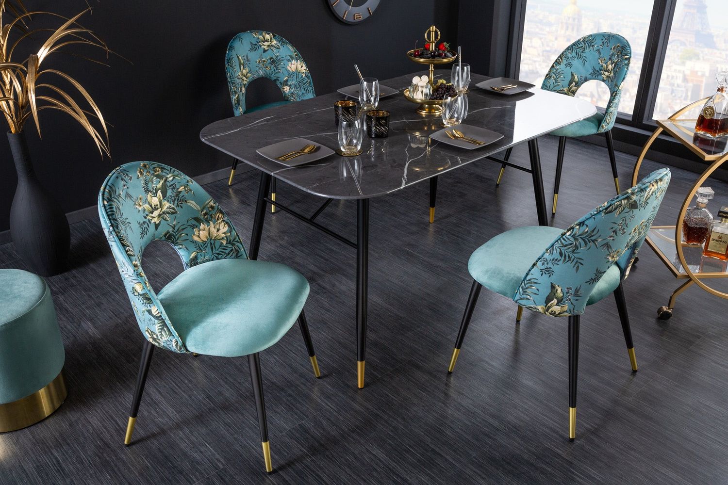 Chaise PRÊT-À-PORTER BOUTIQUE velours turquoise avec embouts dorés - 41702