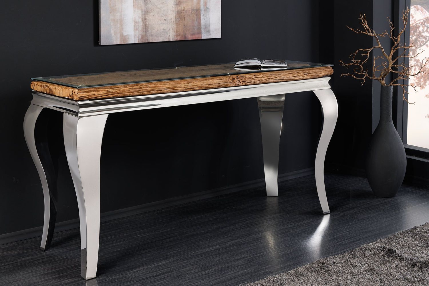 Console MODERN BAROCK BARRACUDA 140cm chromée avec plateau en verre sans plateau en teck - 44364