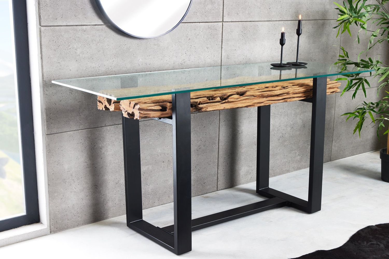 Console BARRACUDA 150 cm en teck recyclé avec plateau en verre trempé - 43343