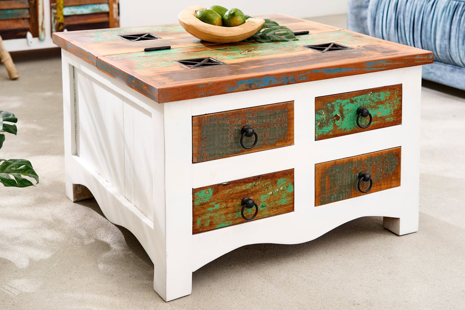 Commode table basse JAKARTA 70 cm, bois de manguier blanchi et bois recyclé - 42149