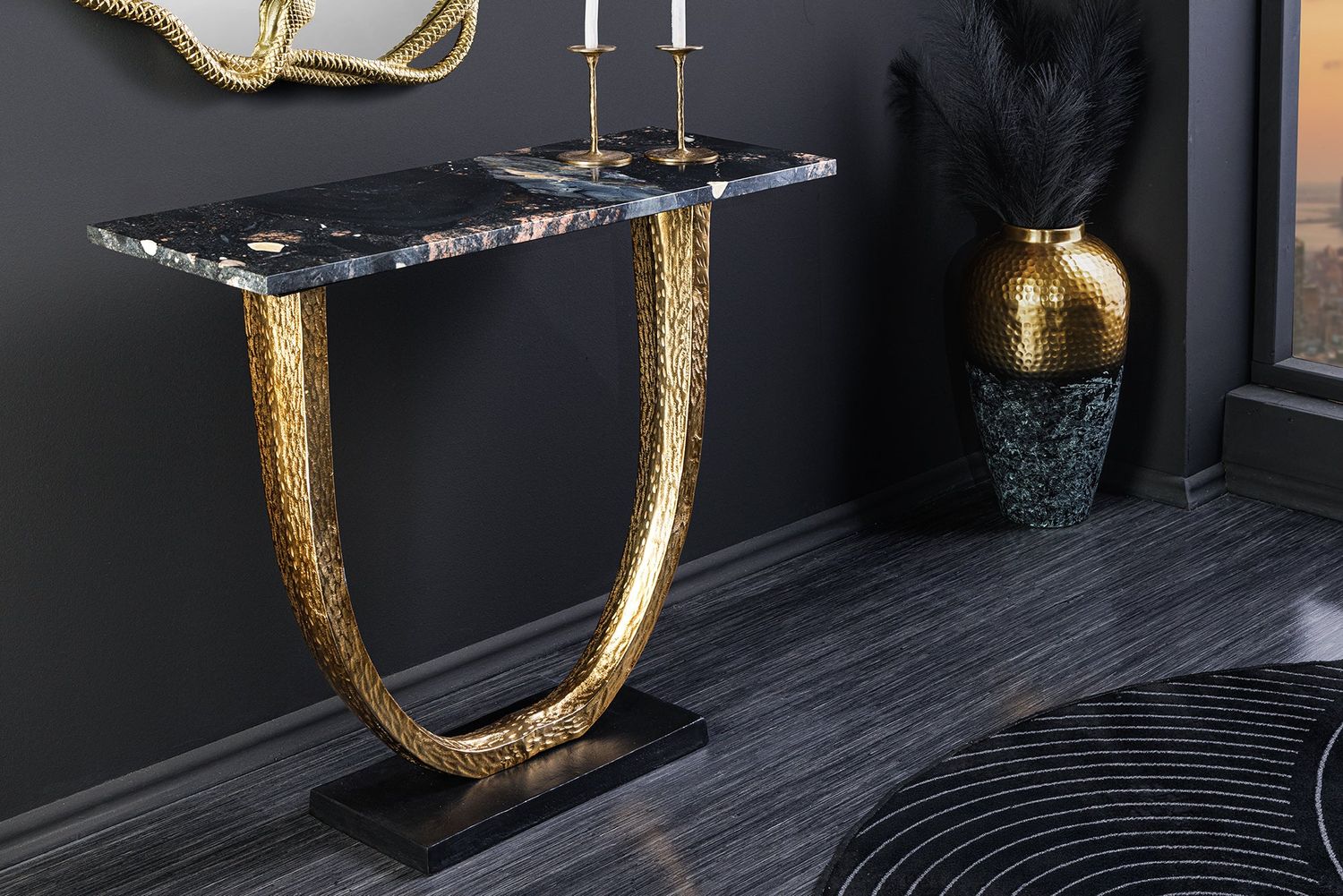 Console OMEGA 80cm marbre noir avec cadre doré fait main - 44851